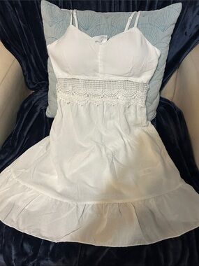 White Lace-Trim Satin Chemise Slip with Adjustable Straps